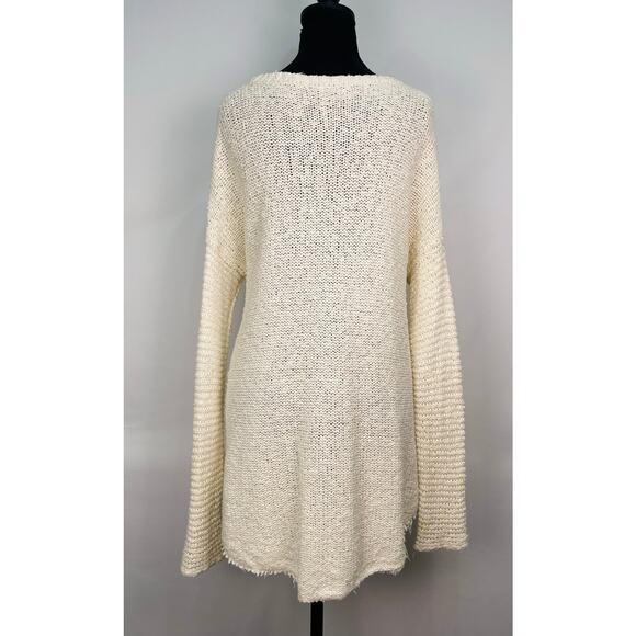 Free People Oversized Ivory Knit Sweater Slouchy V Neck, 100% Cotton - Picture 2 of 11